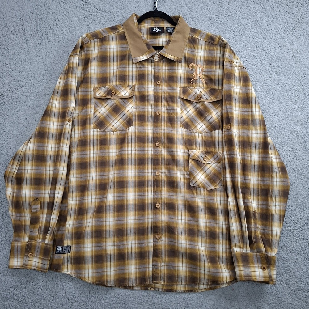 Red Ape Button Up Shirt Mens 4XL Multicolor Brown Plaid Roll Tab Sleeve